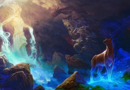 Mystical caves - stone, light, magic, mystical, water, god, deer, fantasy, horns, spirit, caves, blue, creature, animal, dragon, rock