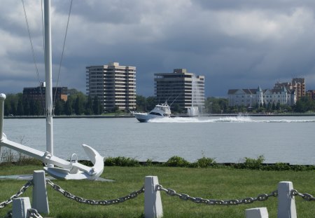 Powerboat on the Detroit River - navigation, powerboat, detroit, river, great lakes, dossin