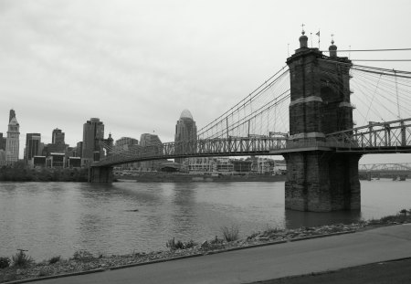 Cincinnati, Ohio Skyline With Bridge - cincinnati, ohio, skyline, river, city, black and white, bridge, greyscale