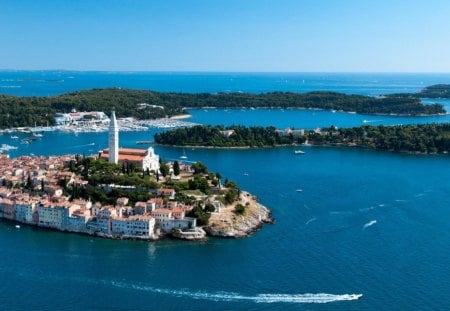 fabulous coratian town on inland lagoon - town, lagoon, trees, church, sea