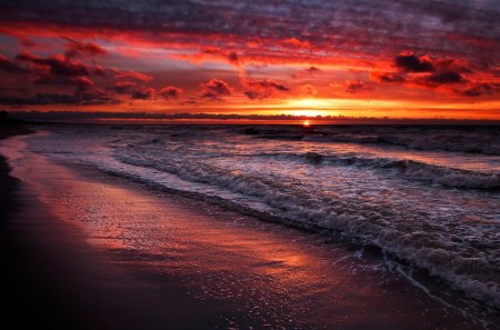 magnificent sea sunset - red, clouds, beach, sunset, sea, waves