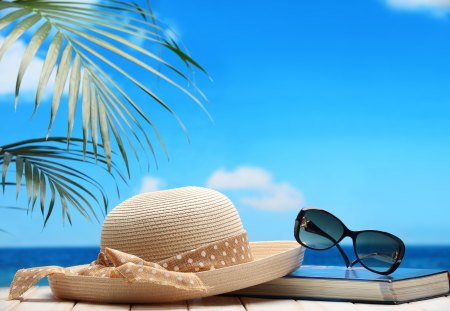 SunShine - hat, summer, book, vacation, beach, sea, sunshine, ocean, glasses