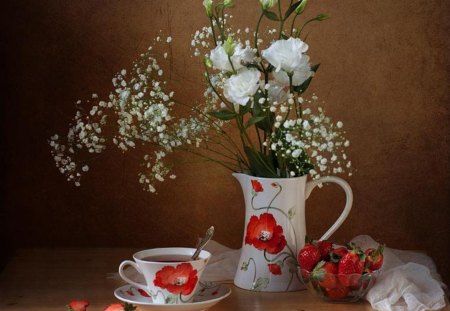 Still Life - spoon, tea, jur, cup, vase, white, nature, lace, flowers