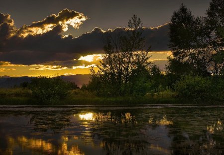 sunset behind the clouds - lake, trees, reflection, clouds, sunset, grass