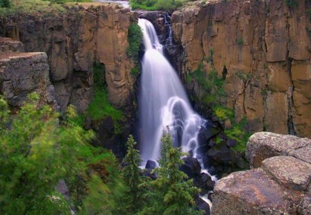 Mountain falls - water, waterfalls, trees, stone, nature, mountain