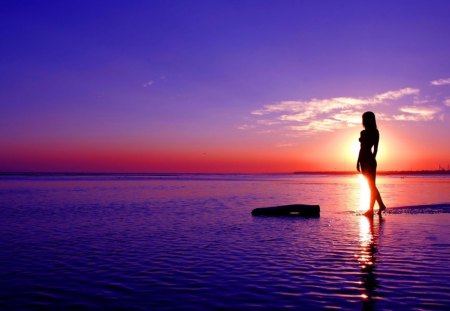 Tranquility - woman, beach, ocean, peaceful, sunset