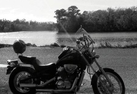 Nice Ride - black and white, motorcycle, honda, river