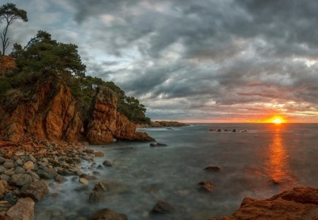 gorgeous sunset over rocky seacoast - rocks, clouds, coast, trees, sunset, sea