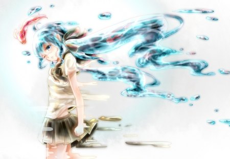 Bottle Miku - hatsune miku, vocaloid, water, fish, anime, wind