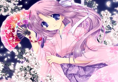 Pink Kimono Girl - soft, girl, orginal, fan, kimono, long hair, pink