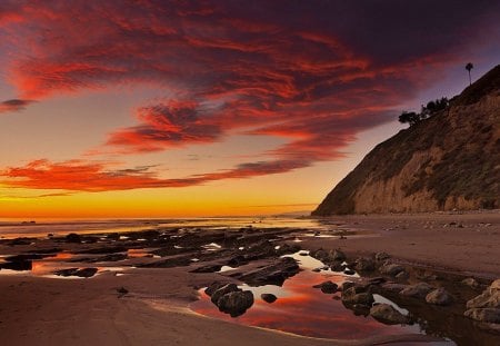 beautiful sky - sky, hill, rocks, beach, sunset