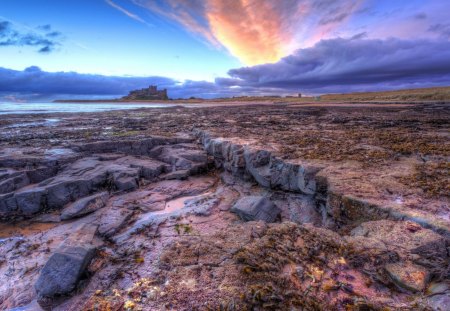 rocky shore with castle in the background hdr - clouds, shore, sunset, hdr, rocks, castle