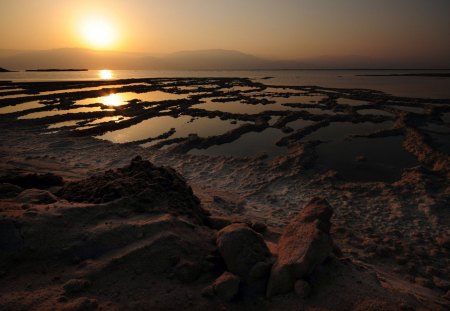 pool on a rocky shore at sunset - sunset, pools, shore, sea, rocks