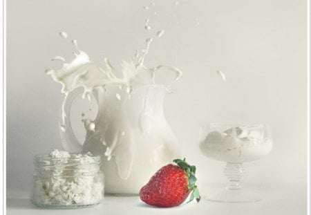 Still Life - milk, strawberry, white, stilllife, jug