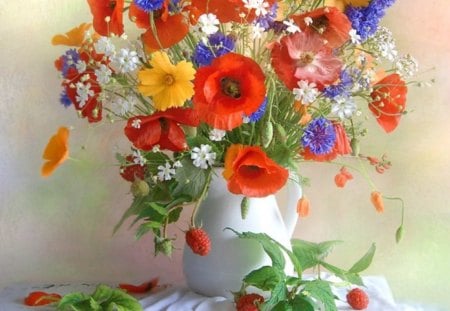 Colourful Flowers - flowers, vase, orange, still life