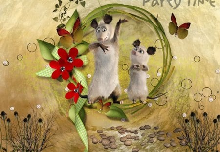 Party Time Toon - toon, mice, white, abstract, purple, yellow, red, orange, party, green, mouse, flowers, cute, butterflies