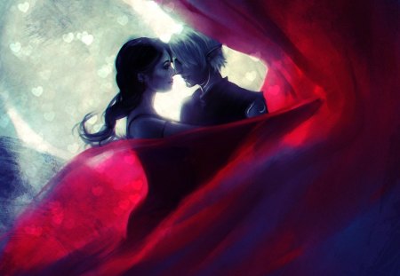 Love - woman, heart, fantasy, black, art, man, luna, moon, love, elf, dance, girl, couple, light, day, night, valentine, scarf, romantic, blue, creature, pink