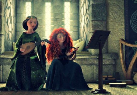 Brave (2012) - brave, queen, merida, interior, music, guitar, lyre, instrument, redhead, green, movie, princess, disney, castle, blue eyes