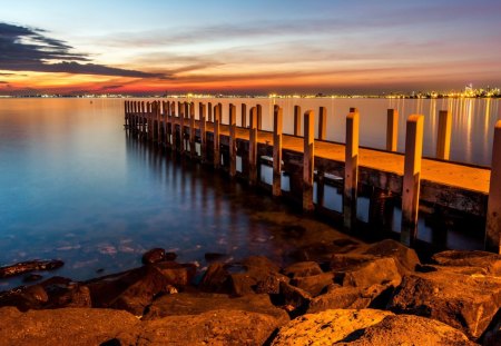 Pier at the Lake - water, nature, hdr, landscape, citylights, stones