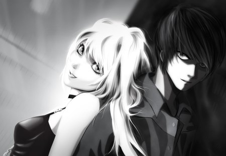 Misa and Light - anime, female, guy, light, long hair, light yagami, boy, male, short hair, black and white, misa amane, girl, duo, manga, yagami, DEATH NOTE, amane, misa, couple