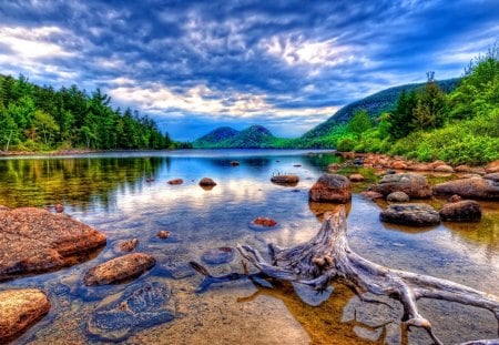 HDR lake - pretty, quiet, summer, blue, tranquil, reflection, mountain, calmness, shore, riverbank, lake, nice, sky, woods, greenery, trees, beautiful, lovely, stones, lakeshore, HDR, river, nature, serenity