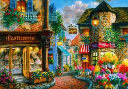 Romantic place - nice, street, sky, vacation, painting, art, pretty, stone, summer, lovely, shop, village, restaurant, town, romantic, beautiful, alley, flowers, cafe