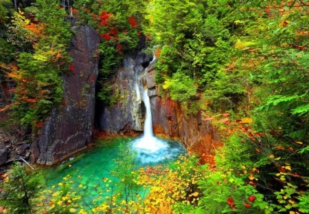 Rocks waterfall - falling, summer, forest, rocks, beautiful, emerald, leaves, view, nature, fall, greenery, pretty, water, waterfall, stones, serenity, blue, nice, lovely, trees, calm, green