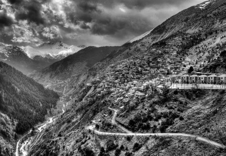 spectacular village of gardiki in greece hdr - village, valley, clouds, hdr, gray scale, mountains, road