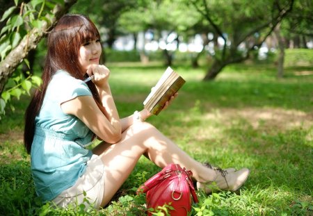 Asian Model - pretty, model, book, cute, grass, asian