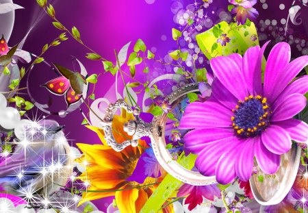 Bundle of Flowers - papillon, sparkle, summer, butterflies, spring, fleurs, pink, stars, bouquet, flowers, purple, bright, butterfly, floral, shine