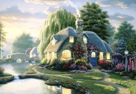 Peaceful cottage - house, stone, water, swan, beautiful, lovely, light, colorful, garden, peaceful, cottage, bridge, animals