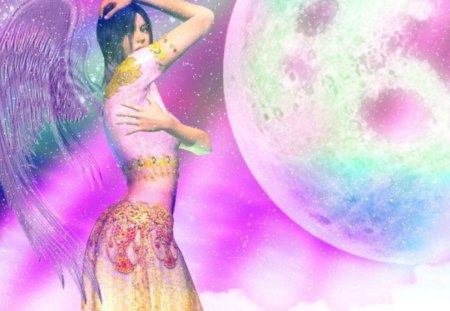 MOONDUST - moon, rainbow, angel, female, moondust, colorful, wings