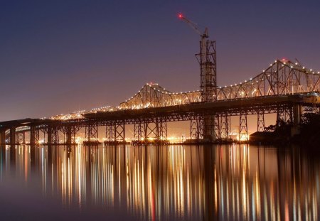 new bridge construction next to old one - construction, lights, crane, night, bridge