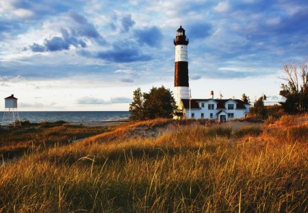 weather station next to a coastal lighthouse - lighthouse, weather station, clouds, coast, sea