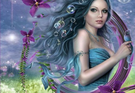 GYPSY - female, hair, blue, flowers, bubbles, gypsy, bird