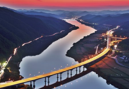 beautiful bridge over river in a valley at dusk - valley, river, highway, dusk, bridge, lights