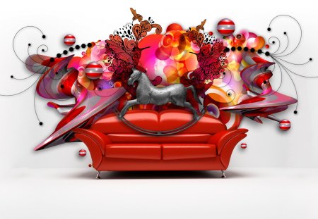 ✼.Horse on Red Couch.✼ - pretty, birds, couch, flowers, style, designs, red, illustrator, sofa, beautiful, hot, photoshop, digital art, HD, colors, lovely, orange, 3D, horse, colorful, bright, creation, butterfly, cute