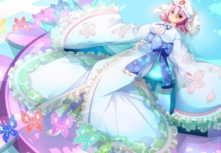 Saigyouji Yuyuko - Saigyouji Yuyuko, anime, water, butterflies, dress, lovely, pink eyes, short hair, colorful, fantasy, touhou, pool, pink hair