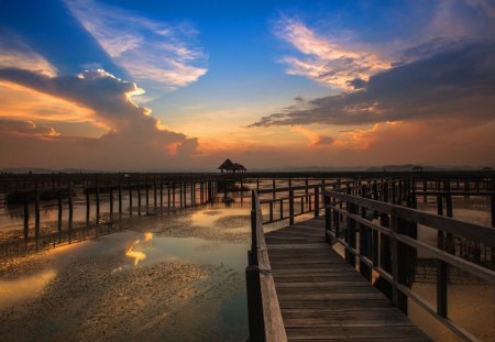 walkway pier at sundown - clouds, sundown, beach, walkway, pier