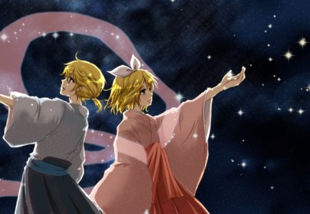 ~Touch The Stars~ - vocaloid, rin and len kagamine, anime, beautiful, bright, night, stars, sky