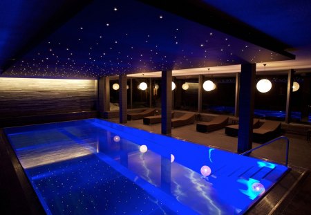 stars over an indoor pool - pool, indoor, seats, stars, blue