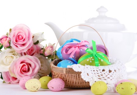 Easter decoration - eggs, roses, decoration, colors, holidays, special days, Easter, harmony, flowers, basket, pastel