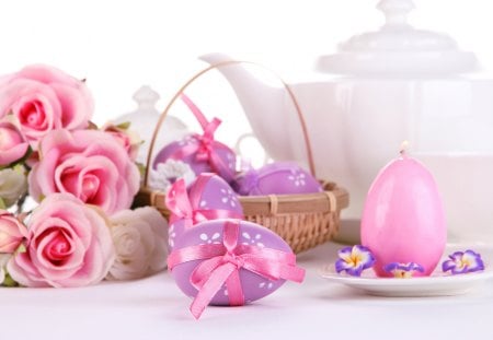 Lovely harmony - eggs, roses, candle, holidays, special days, pink, Easter, flowers, basket, colorful, event, pastel