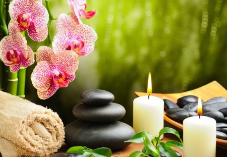 HOT STONE SPA - CANDLES, STONE, BLACK, HOT