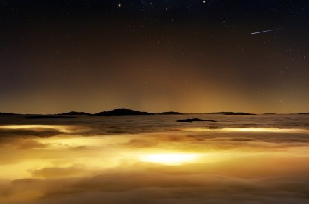 starry sky over a sea of clouds - clouds, light, stars, sky