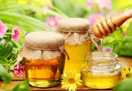 Jars - honey - flowers, honey, Jars, colored