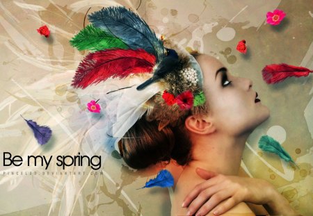 Be my Spring - spring, feathers, lady, fantasy