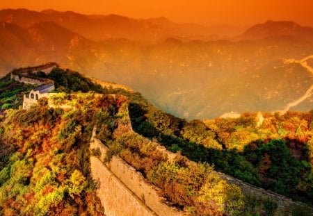 A moody evening at the Great Wall - sky, great wall, trees, 1366x768, rocks, view, evening, asia, stone, china, mountain, day, majestic, moody, lovely, hd, nature, fiery, wall, beautiful