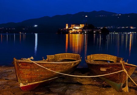 Islang of San Giulio - pretty, town, romantic, evening, island, night, reflection, port, lake, nice, houses, sky, water, beautiful, mirrored, sea, san giulio, lovely, dock, pier, boats, river, nature, clear, dusk