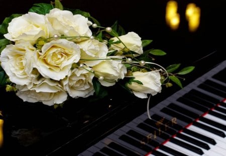 Rose and Piano - leaves, piano, yellow, rose